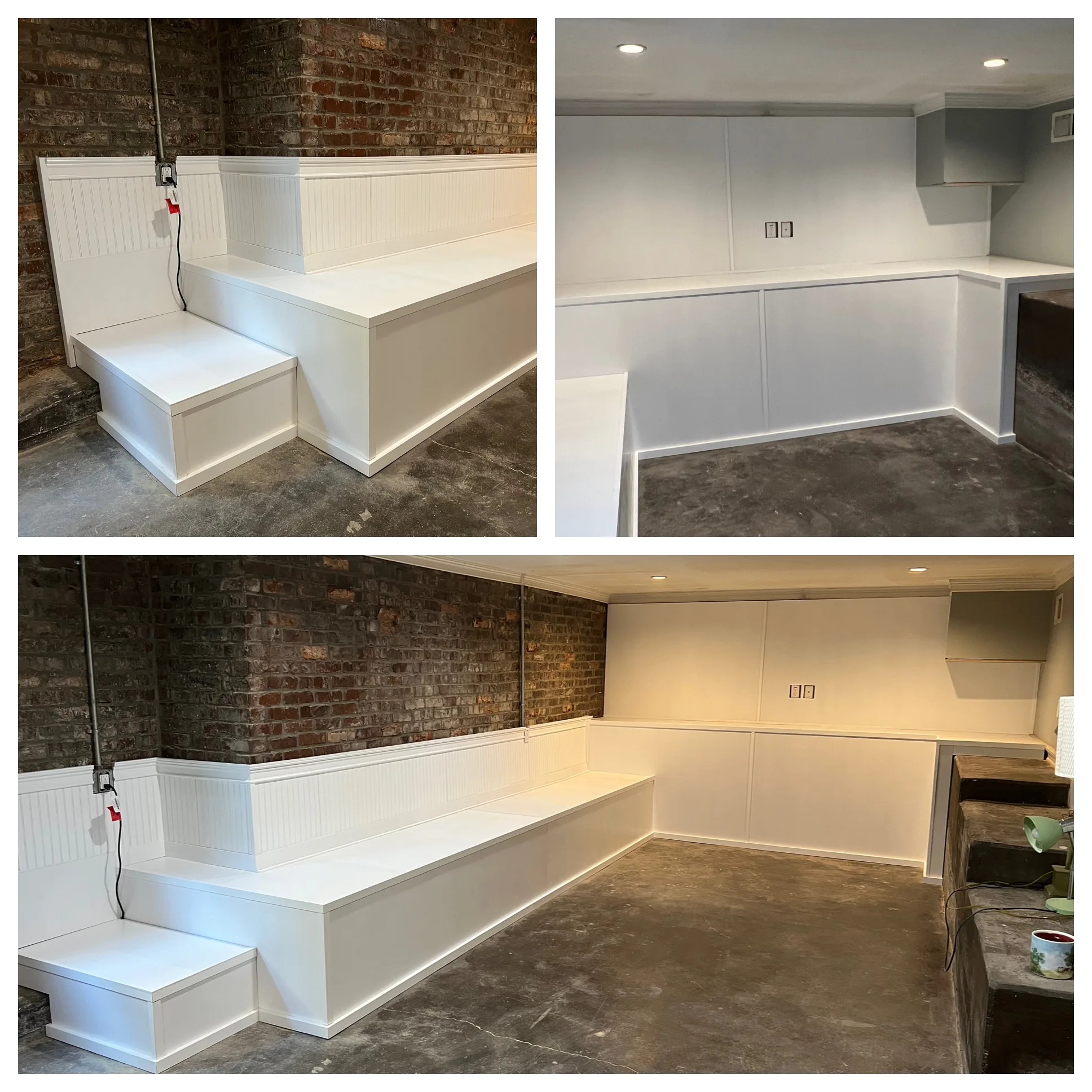 Multi-angle view of custom basement tiered seating with beadboard and brick by Sims Custom Woodwork.