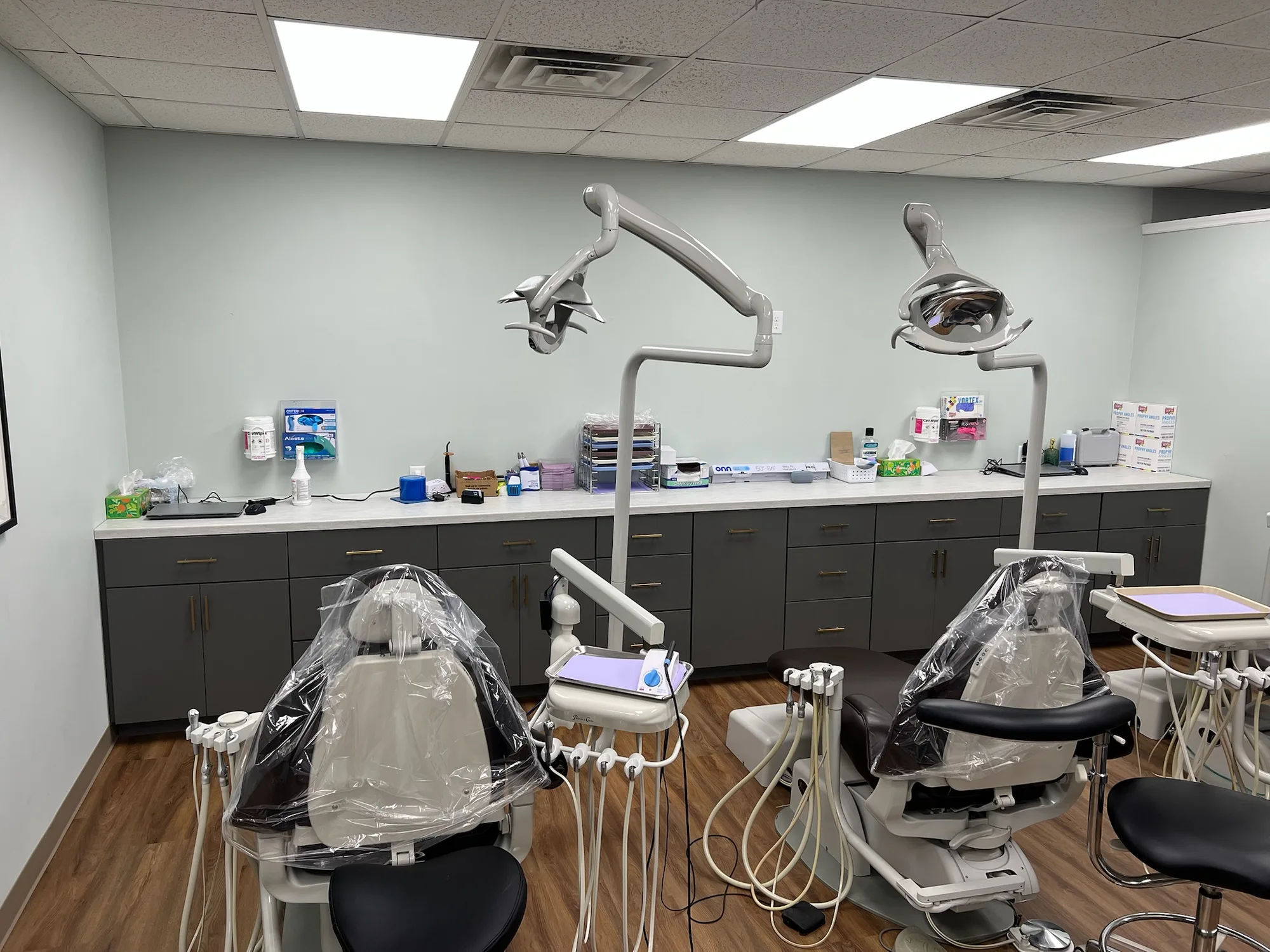 Dental operatory cabinetry with gray flat-panel drawers and gold hardware by Sims Custom Woodwork.
