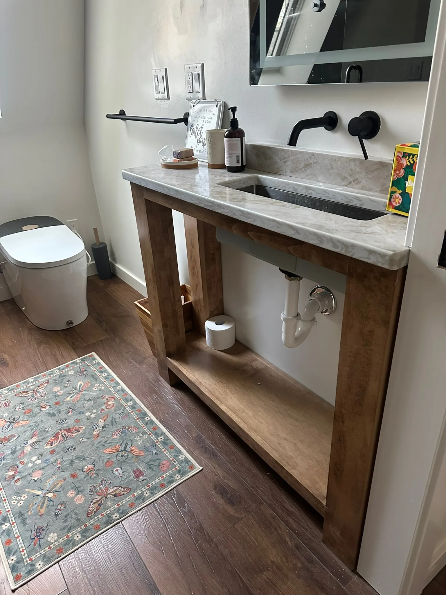 Custom rustic open-frame bathroom vanity with marble top by Sims Custom Woodwork in Trenton, GA — serving Chattanooga, TN and North Georgia.